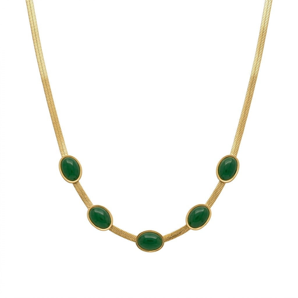 Elegant gold-tone necklace featuring a sleek flat snake chain accented with five bezel-set oval green stones. The minimalist statement necklace has a polished finish and is displayed on a clean white background, making it perfect for everyday wear, office styling, festive occasions, layering, and gifting.