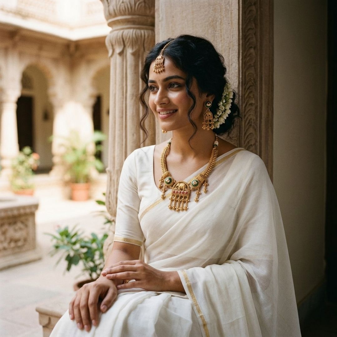 Traditional jewellery set with necklace, earrings, and maang tikka in antique gold temple design