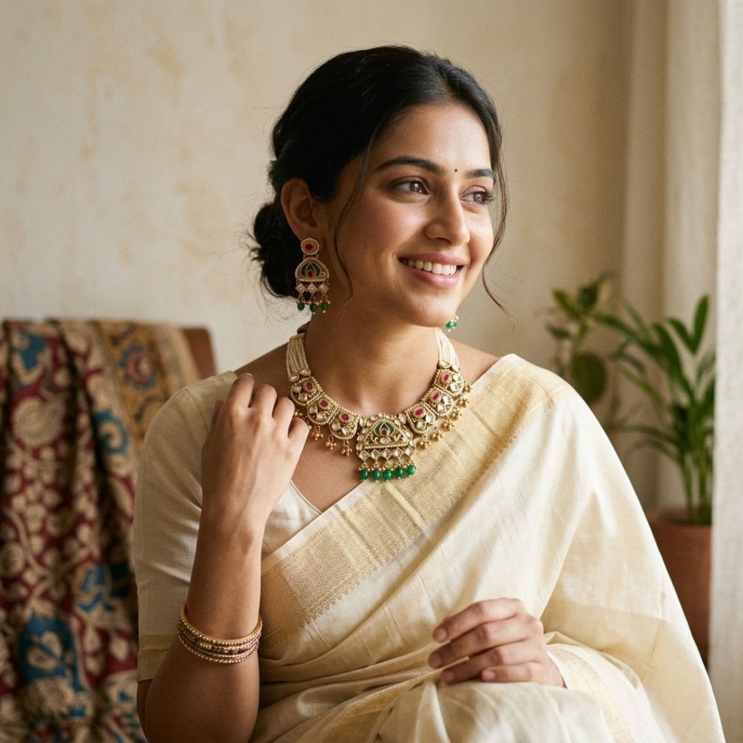 Regal Rajwada choker necklace set with Kundan craftsmanship, seed pearls, and ruby green stone accents