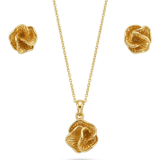 A gold-tone jewelry set featuring a delicate chain necklace with a textured, abstract floral-shaped pendant and matching stud earrings. The design has a sculpted, petal-like form with a hammered finish, giving it a modern, artistic look, displayed on a clean white background.