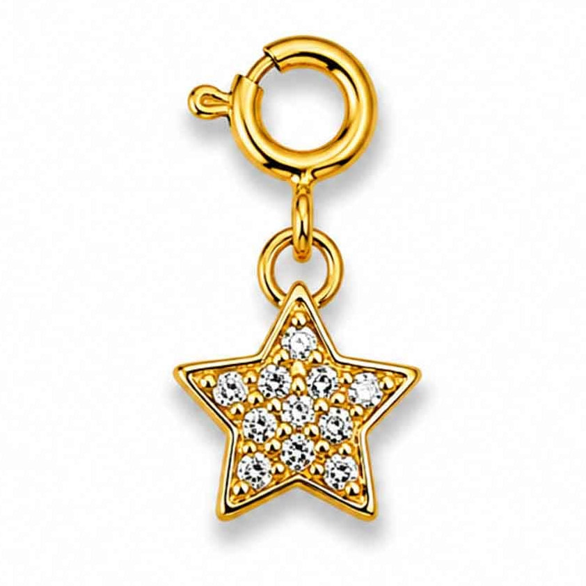 Gold-tone star charm adorned with sparkling crystal stones and a circular clasp, displayed on a clean white background.