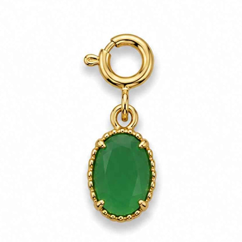 Gold-tone watch charm featuring an oval green stone pendant in a decorative gold frame.