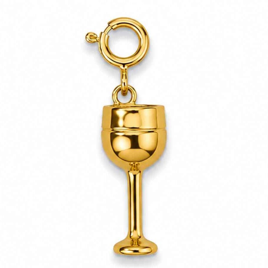 Golden wine glass charm with a polished, minimalist design on a white background.