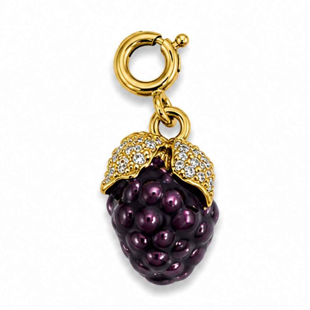 Gold-tone berry charm with glossy deep purple berries and sparkling crystal leaf details on a white background.