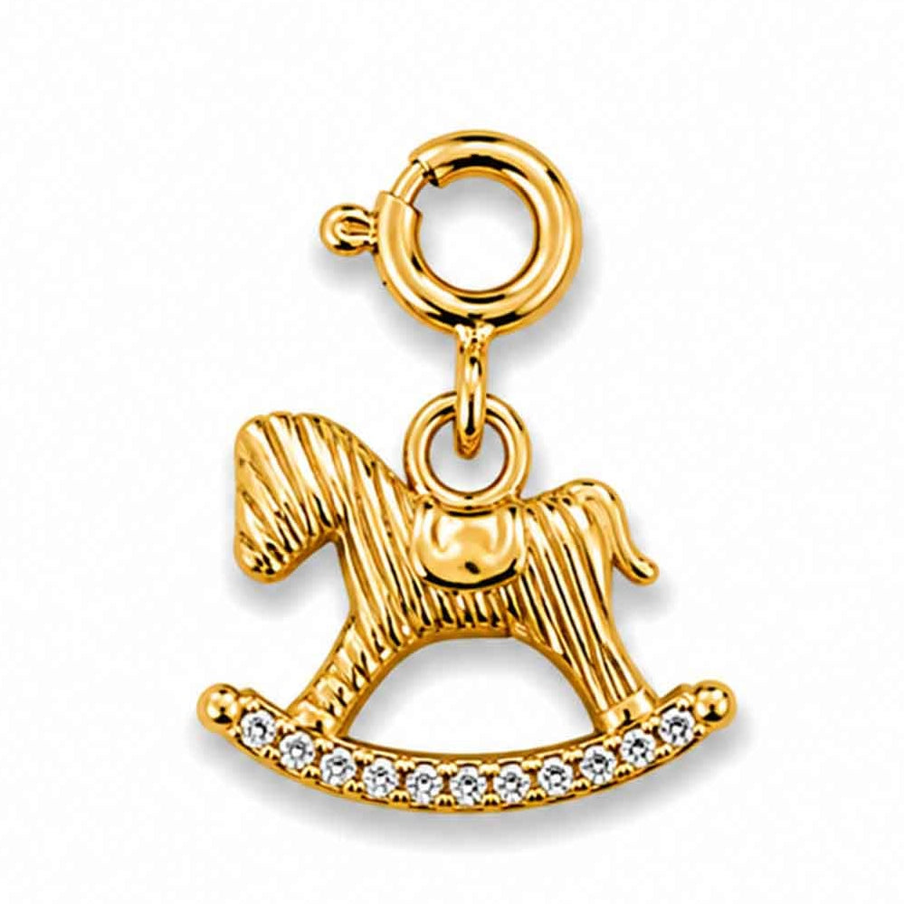 Gold-tone rocking horse charm with sparkling crystal details along the base on a white background.