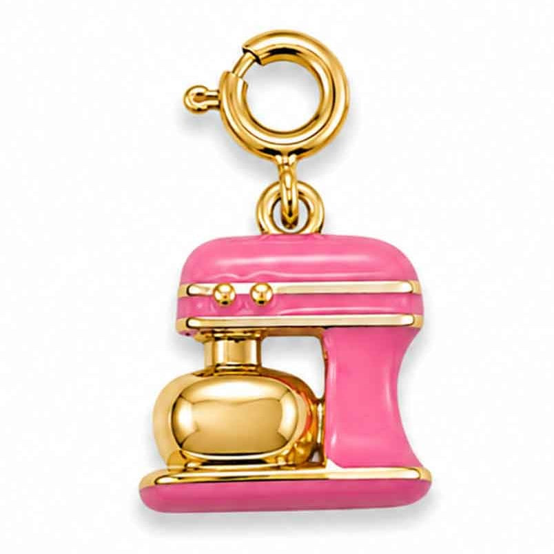Pink and gold stand mixer charm, inspired by a baking mixer, with a gold-tone clasp on a white background.