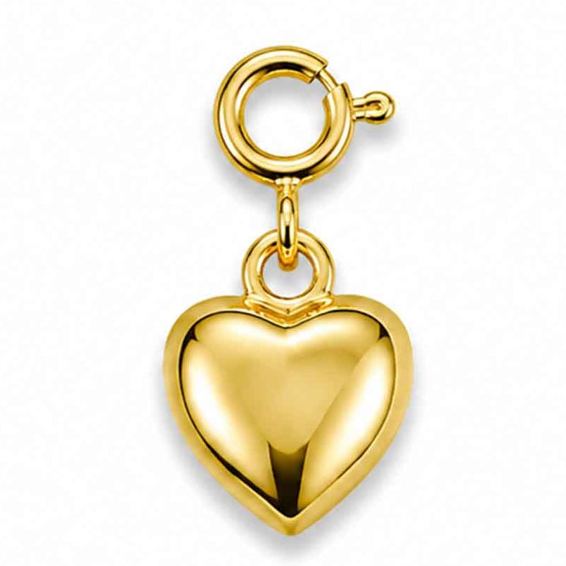 Gold heart charm with a smooth, polished finish and clasp attachment on a white background.