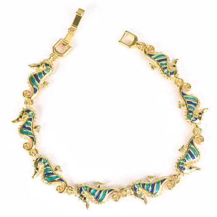 Gold-tone bracelet featuring multiple blue-and-gold striped seahorse-shaped charms linked around the band, with small decorative scroll accents and a secure clasp.