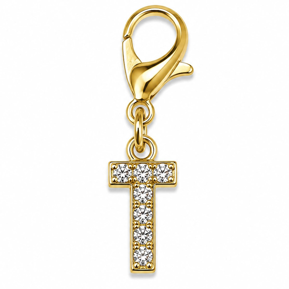 Gold-tone rhinestone-encrusted letter “T” charm with a lobster clasp, displayed on a white background.