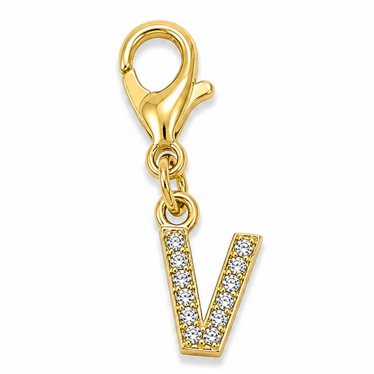 Gold-tone rhinestone-encrusted letter “V” charm with a lobster clasp, displayed on a white background.