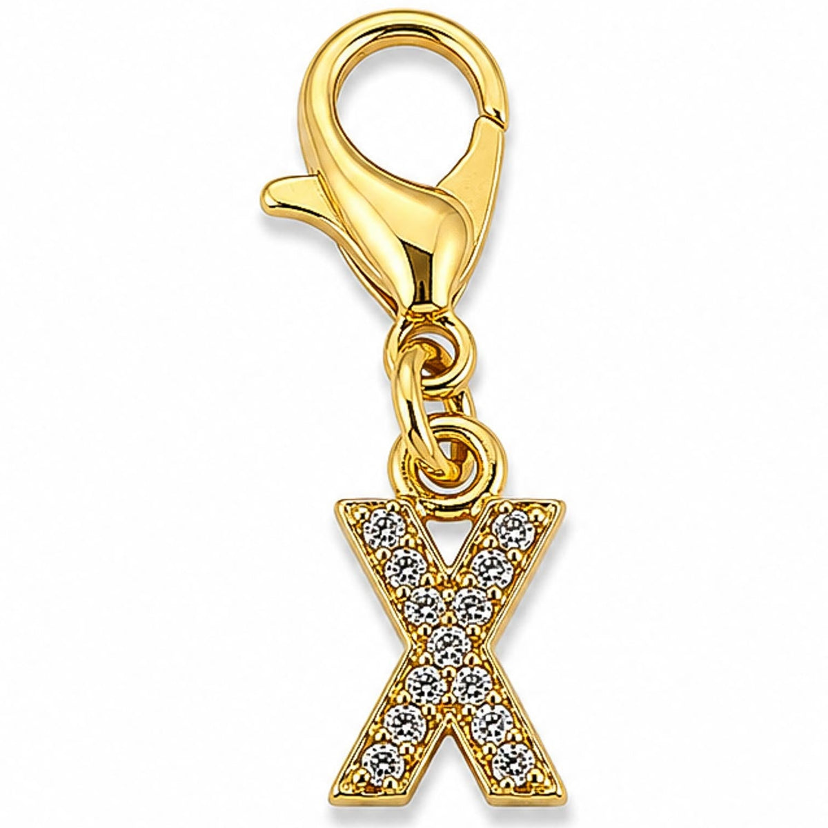 Gold-tone rhinestone-encrusted letter “X” charm with a lobster clasp, displayed on a white background.