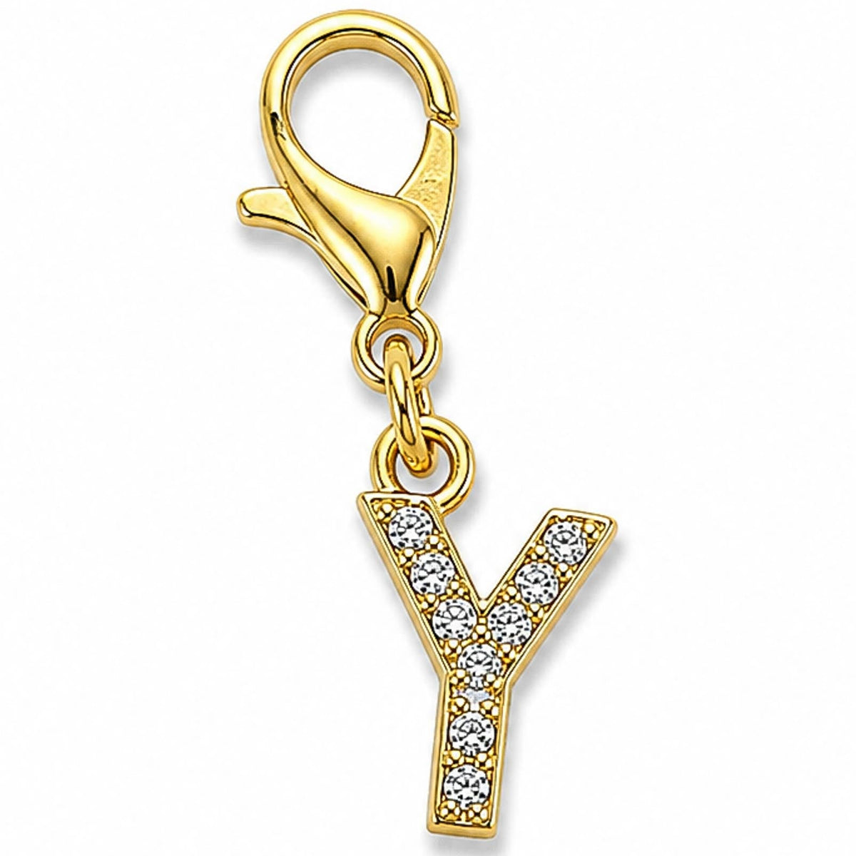 Gold-tone rhinestone-encrusted letter “Y” charm with a lobster clasp, displayed on a white background.