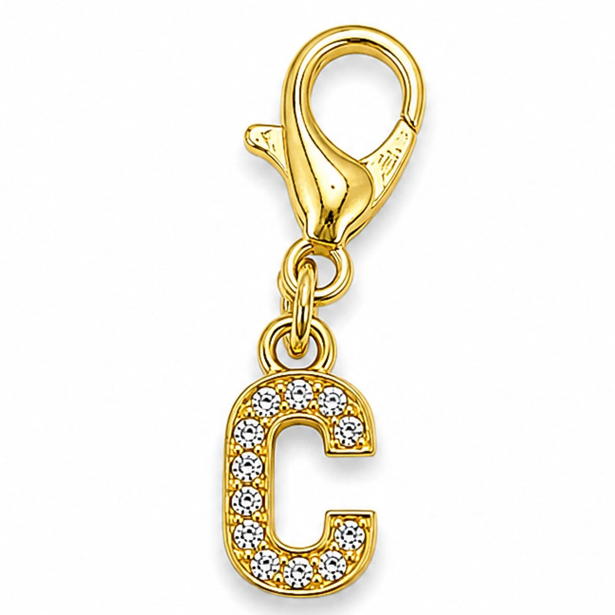 Gold-tone rhinestone-encrusted letter “C” charm with a lobster clasp, displayed on a white background.