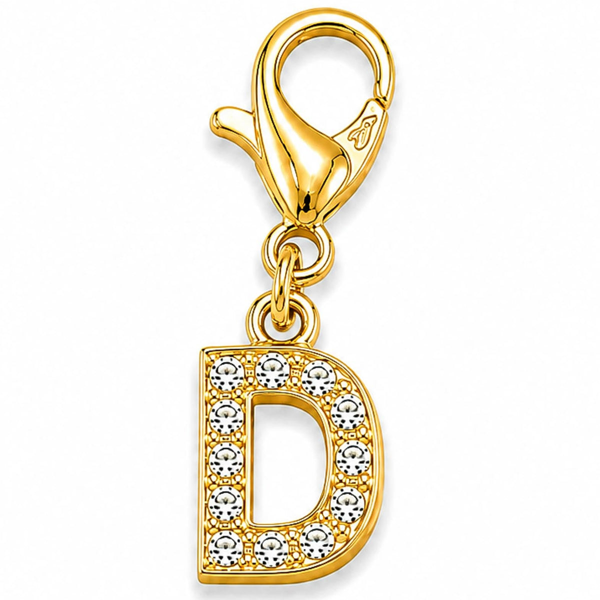 Gold-tone rhinestone-encrusted letter “D” charm with a lobster clasp, displayed on a white background.