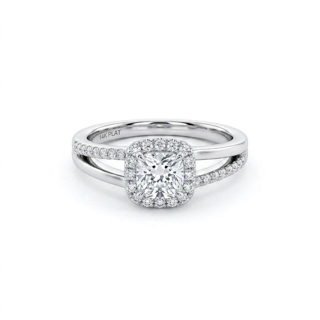 Stella Diamond 925 Sterling Silver Ring with a round brilliant-cut center stone, cushion halo setting, and pave diamond split band in polished sterling silver