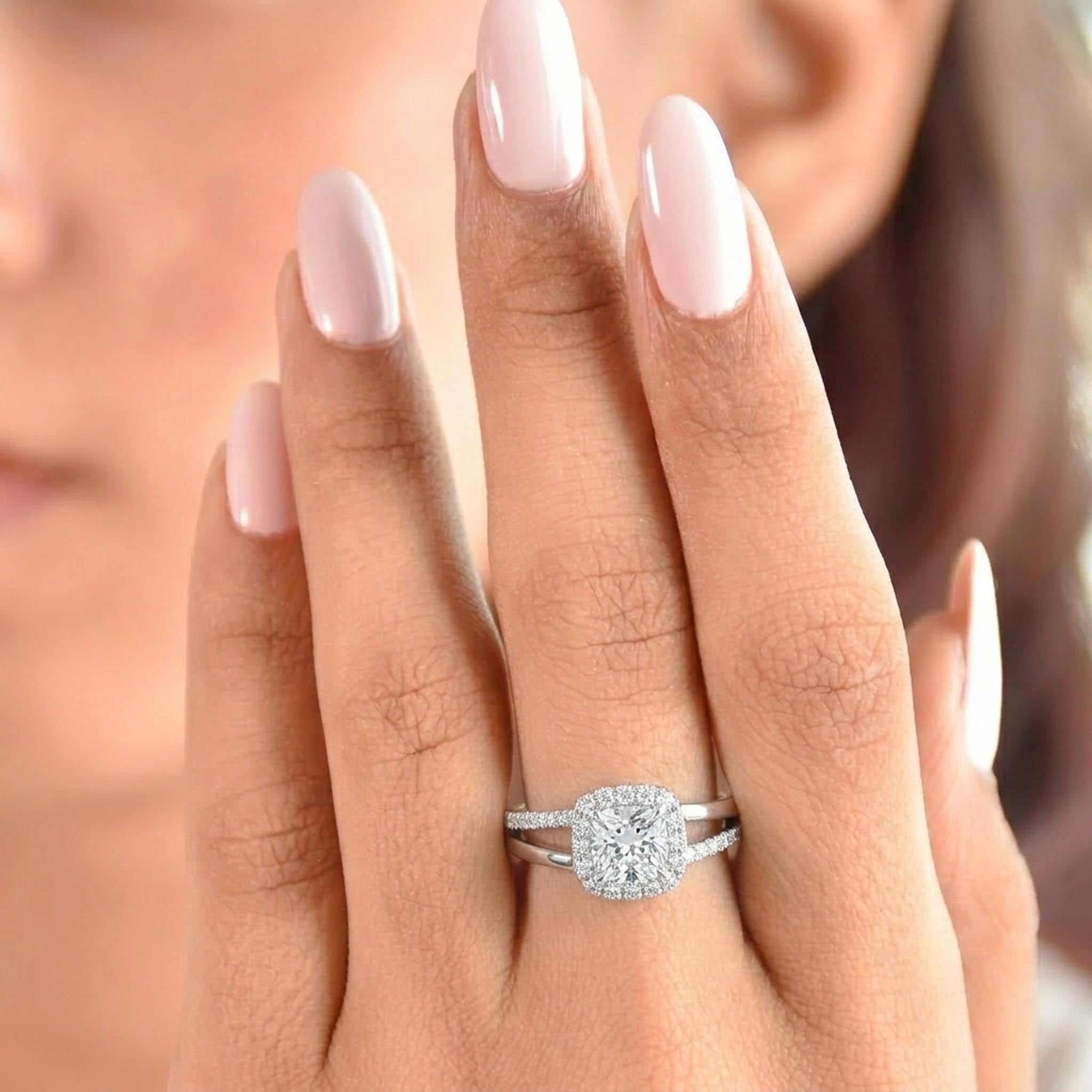 Stella Diamond 925 Sterling Silver Ring with a round brilliant-cut center stone, cushion halo setting, and pave diamond split band in polished sterling silver