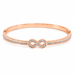 Elegant infinity bangle with sparkling stone detailing and an anti-tarnish finish, available in golden and rosegold, perfect for everyday elegance, gifting, and effortless styling.
