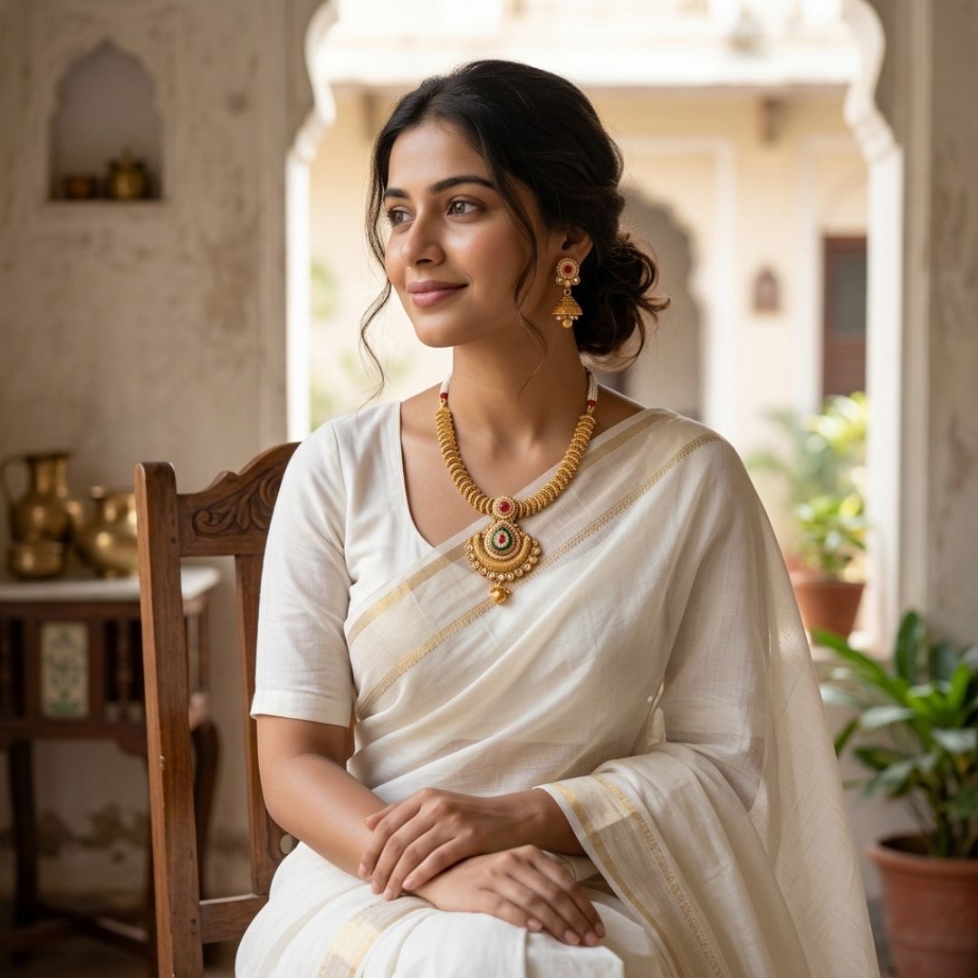 Swarna Lakshmi temple necklace set with Chandbali pendant and jhumka earrings