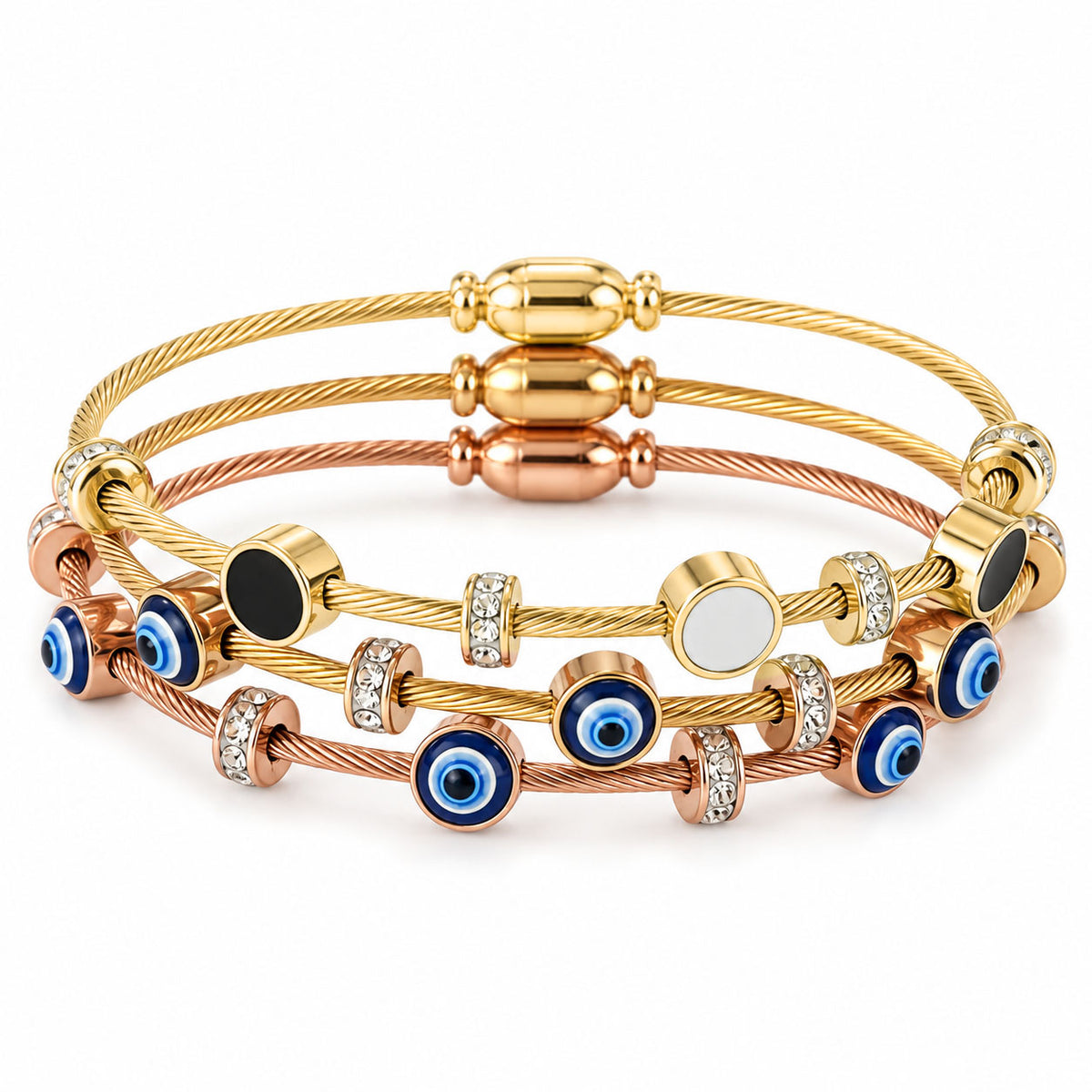 A set of three cable-style wire bangles displayed together as a coordinated stack featuring cylindrical clasps at the top
