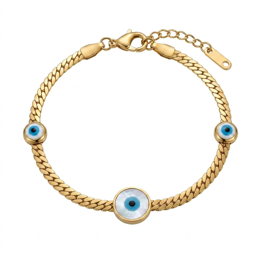 Gold-tone braided chain bracelet displayed against a clean white background, featuring three blue and white Evil Eye charms with black centers. The bracelet has a polished woven design and an adjustable extension chain with a secure lobster clasp.