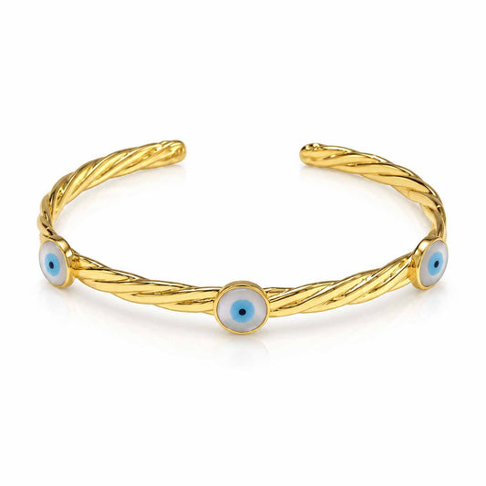 Gold twisted cuff bangle featuring three blue evil eye motifs, displayed on a clean white background.