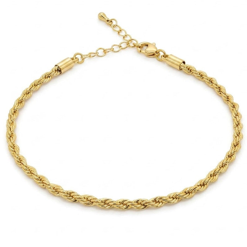 Anti-tarnish yellow gold rope chain bracelet featuring a classic twisted spiral link design with a lobster clasp, smooth end caps, and an adjustable extender chain.