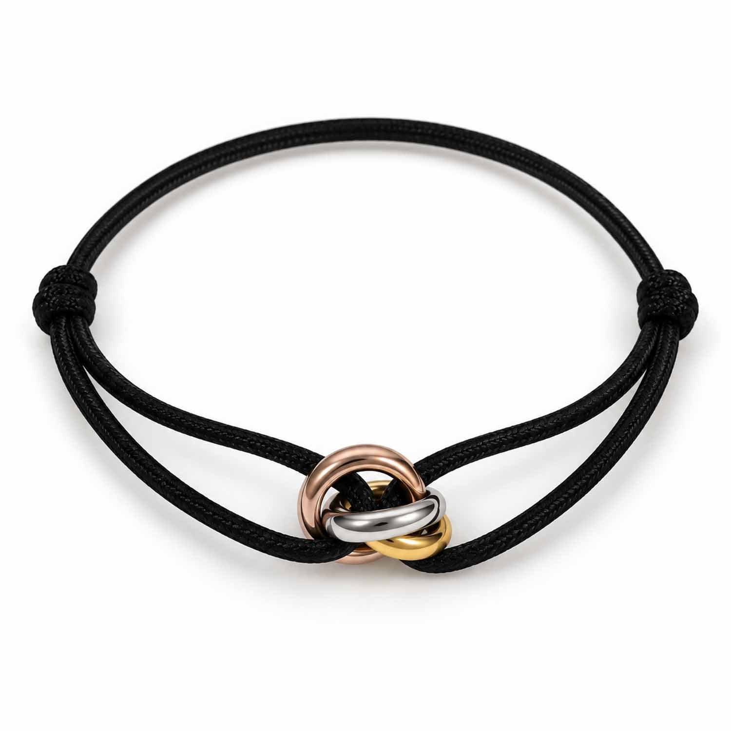Adjustable black cord bracelet featuring a three-tone intertwined ring charm in rose gold, silver, and gold.