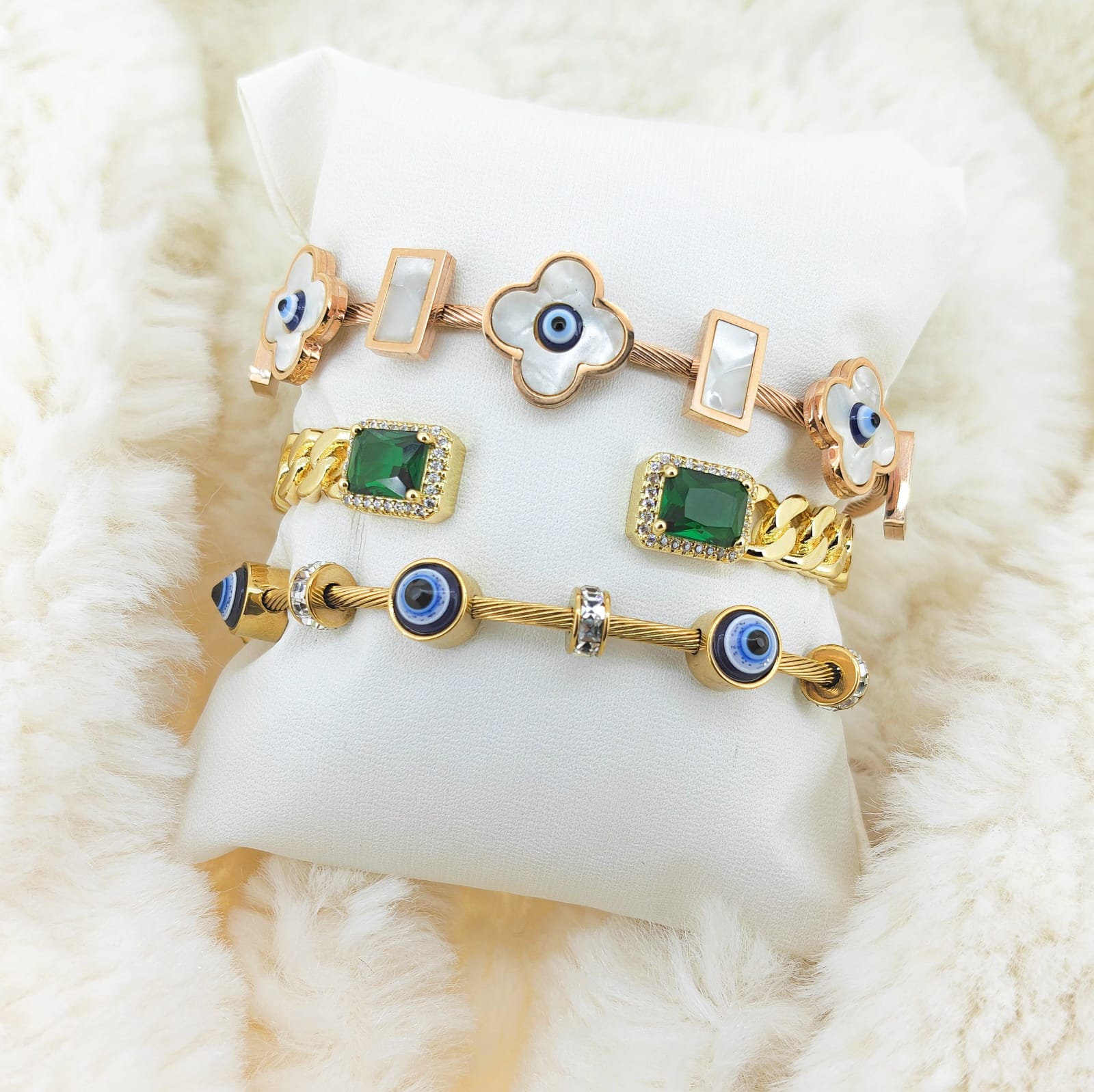 Emerald Evil Eye Bangle Stack | Anti-tarnish | Demi-Fine| Gold Plated