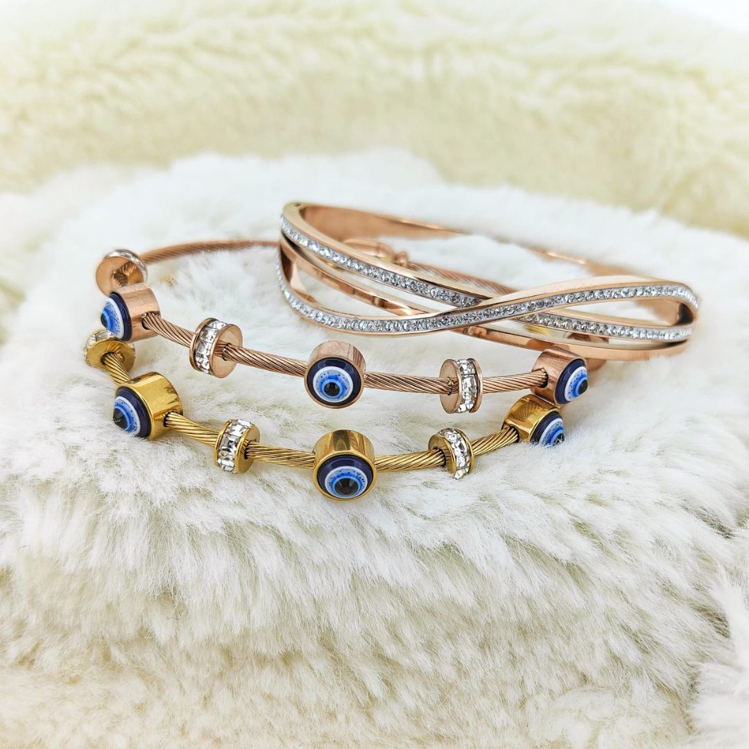 Intertwined Evil Eye Bangle Stack | Anti-tarnish | Demi-Fine