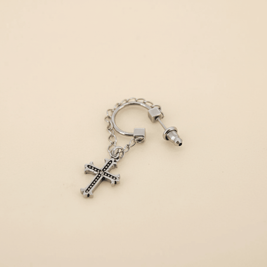 Crucifix Chain Cuff Men Earrings, silver