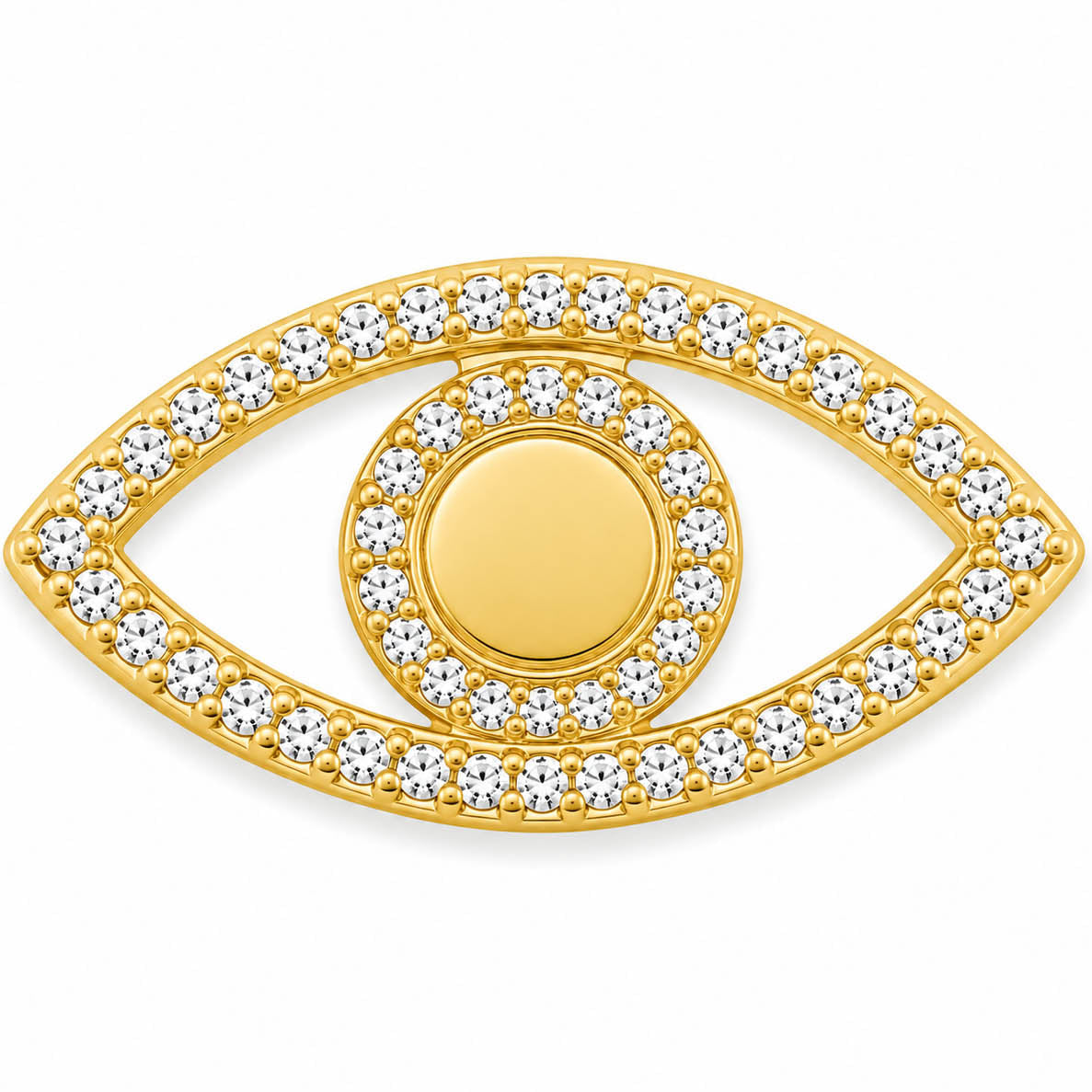 Gold evil eye jewellery charm embellished with clear crystals around the eye design on a white background.