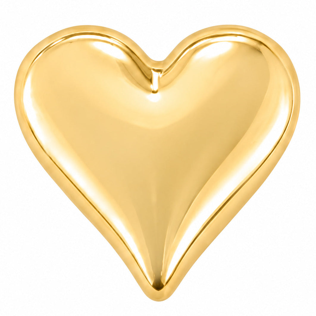 Gold heart-shaped jewellery charm with a smooth polished finish on a white background.