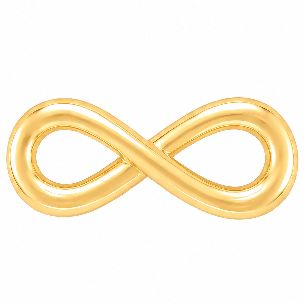 Gold infinity-shaped jewellery charm with a smooth polished finish on a white background.