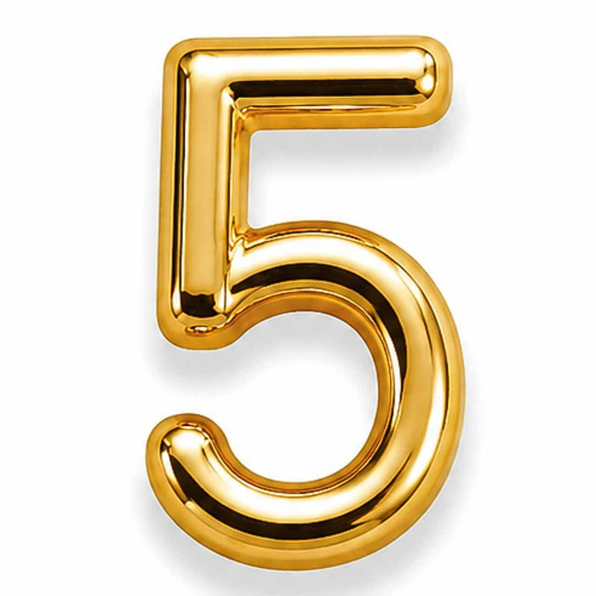 Gold number 5 jewellery charm with a smooth, polished finish on a white background