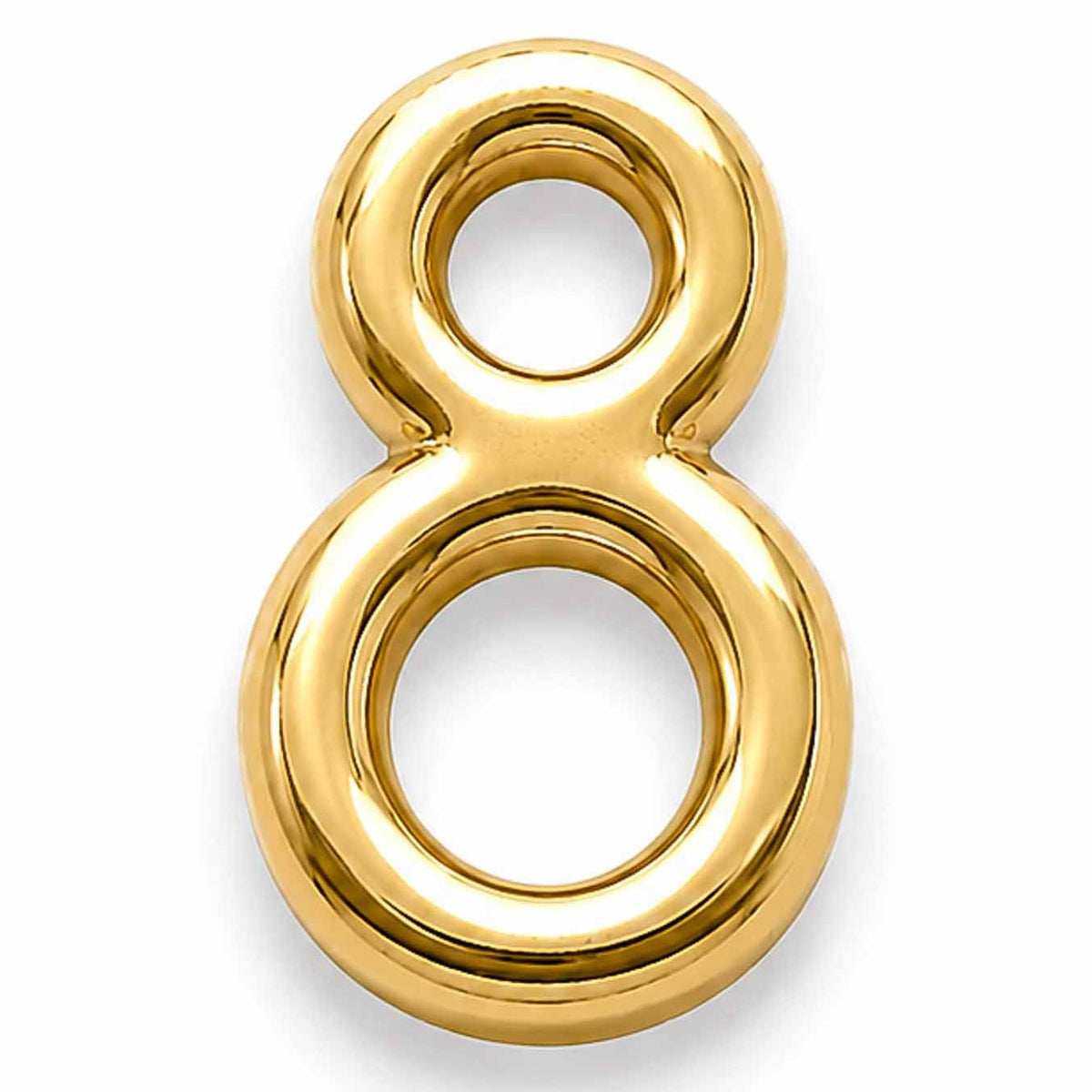 Gold number 8 jewellery charm with a smooth, polished finish on a white background
