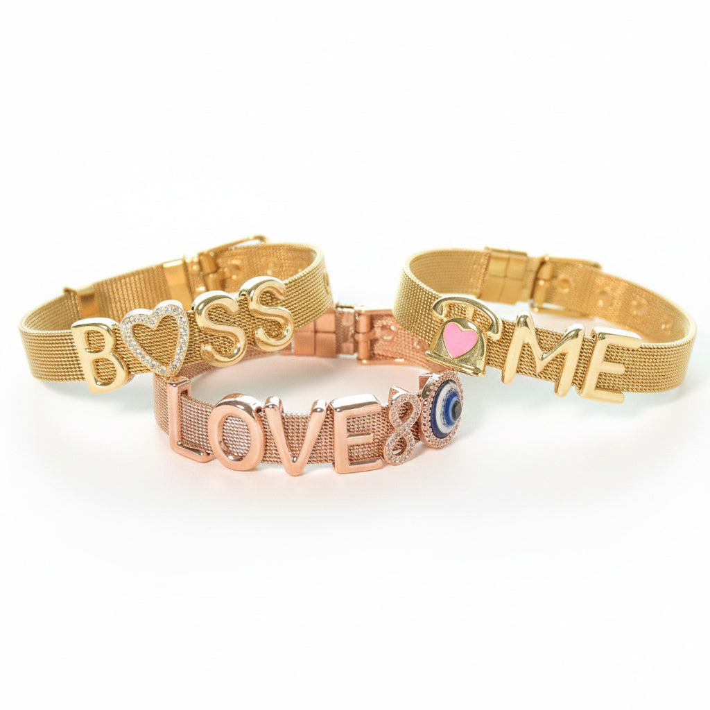 Personalized charm watch strap with customizable letters and charms, finished with an anti-tarnish coating, perfect for everyday wear and thoughtful gifting.