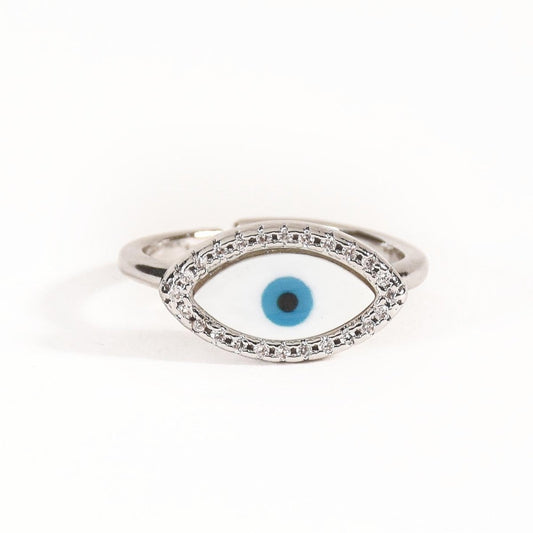 Eye-shaped evil eye ring with sparkling crystal accents and an anti-tarnish silver finish, perfect for everyday wear, meaningful styling, and modern statement looks.