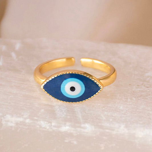 Eyeshaped Dark Blue Evil Eye Ring, golden