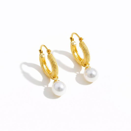 Gold Hoop Pearl Drop Earrings