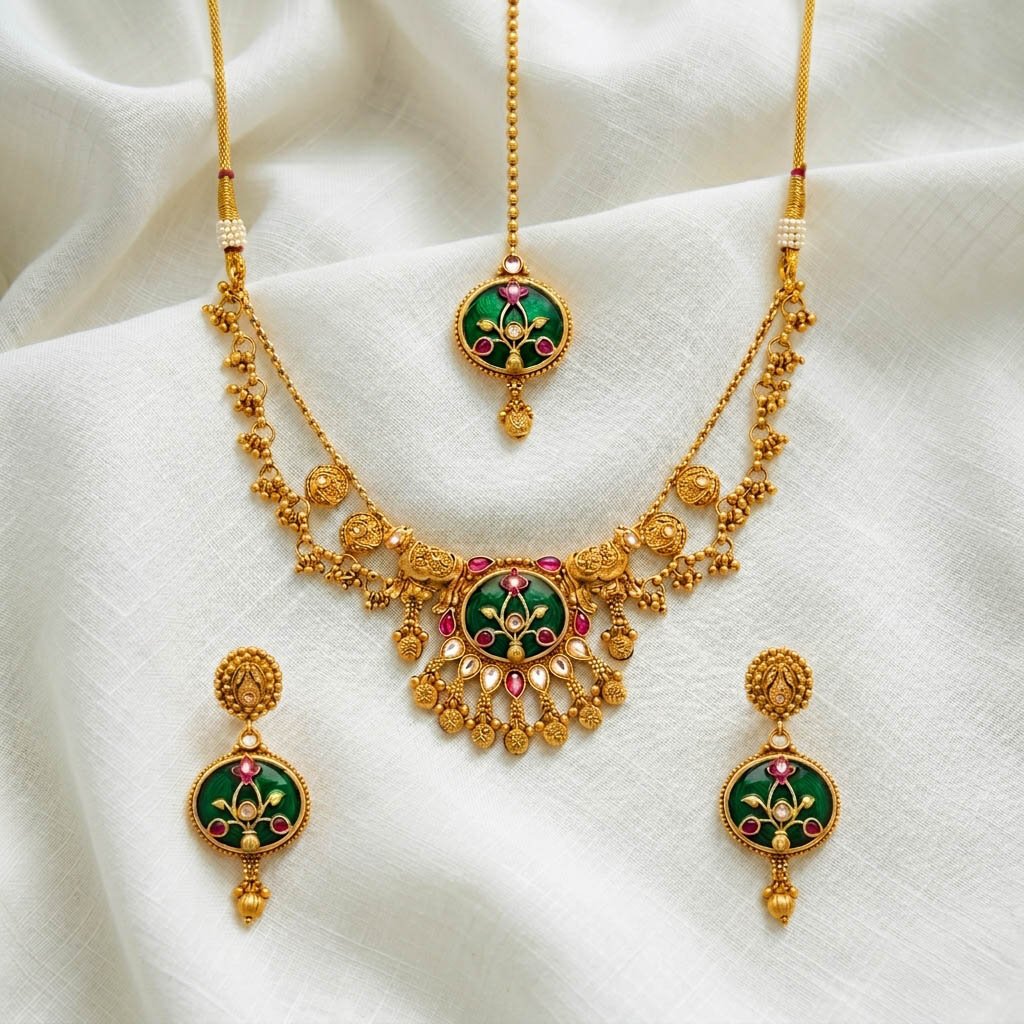 Imperial emerald necklace set with meenakari medallion, earrings, and maang tikka in traditional design