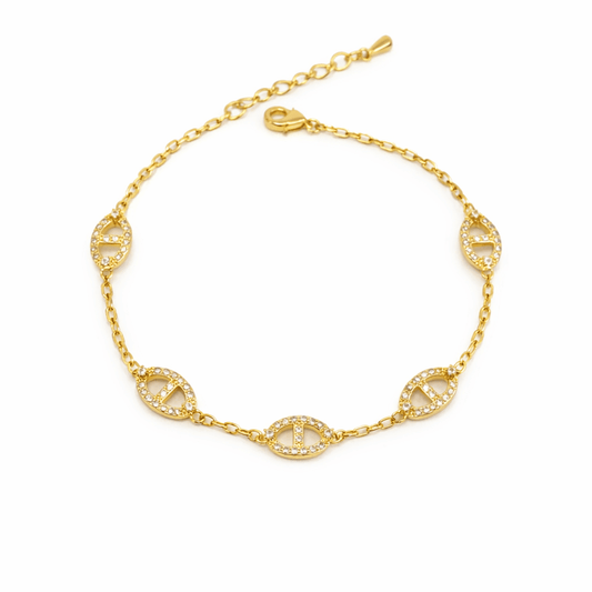 Mariner link bracelet with pavé crystal detailing and an anti-tarnish finish, available in gold and silver, perfect for everyday wear and elegant styling.