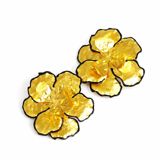 Metallic Black Floral Statement Earring, golden