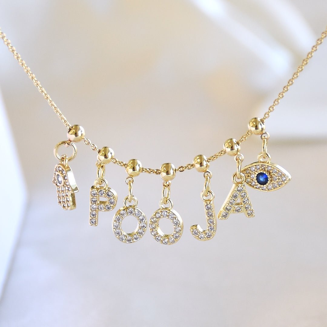 Name Necklace with Charms | Gold Finish Pendant for Women & Teens - Upakarnaproduct_type