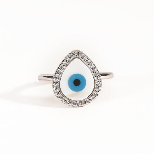 Pear-shaped evil eye ring with sparkling crystal accents and an anti-tarnish silver finish, perfect for everyday wear, meaningful styling, and elegant statement looks.