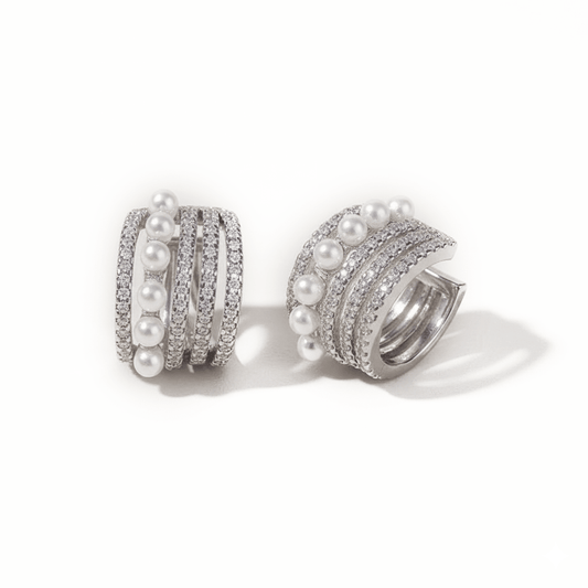 Pearl embrace ear cuffs with pearl and crystal detailing and an anti-tarnish finish, available in gold and silver, perfect for elegant styling and special occasions.