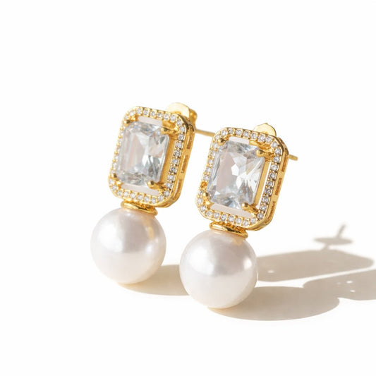 Rectangular Diamond Pearl Stud Earrings, golden