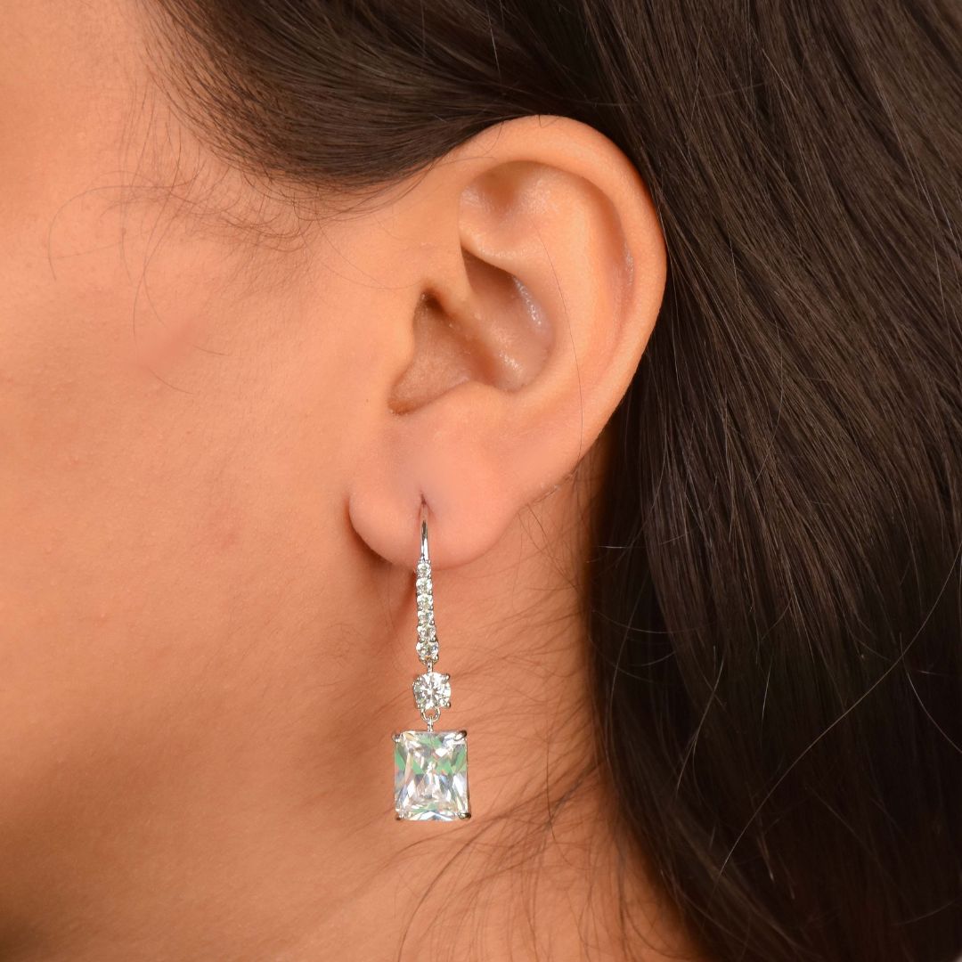 Squared drop earrings with sparkling rectangular crystal detailing and an anti-tarnish silver finish, perfect for evening wear and elegant styling.