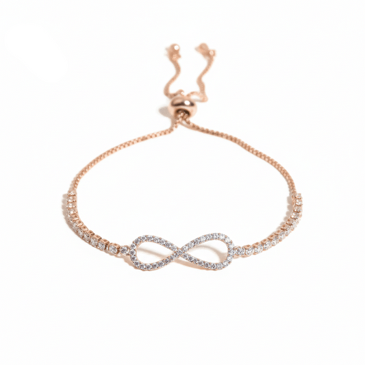 Infinity bracelet with a sparkling pavé infinity motif and an anti-tarnish finish, perfect for everyday wear, elegant styling, and thoughtful gifting.