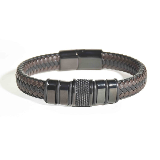 Braided leather bracelet with textured barrel accents and an anti-tarnish finish, perfect for everyday wear and modern masculine styling.