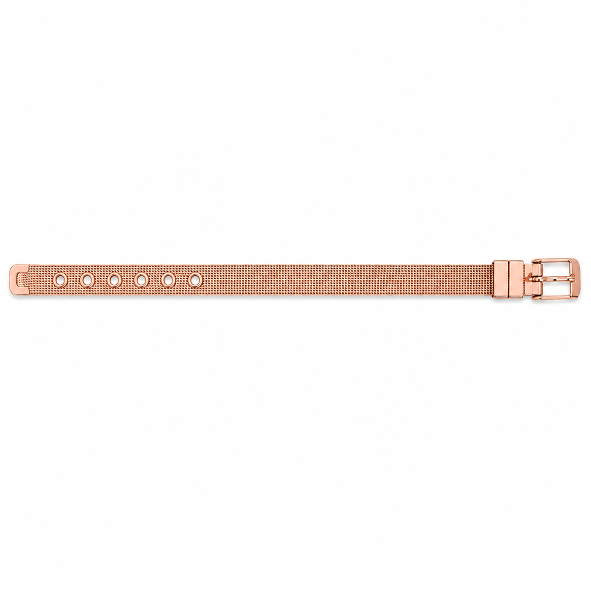 Rose gold mesh watch strap with an adjustable buckle closure and multiple sizing holes, displayed on a clean white background.